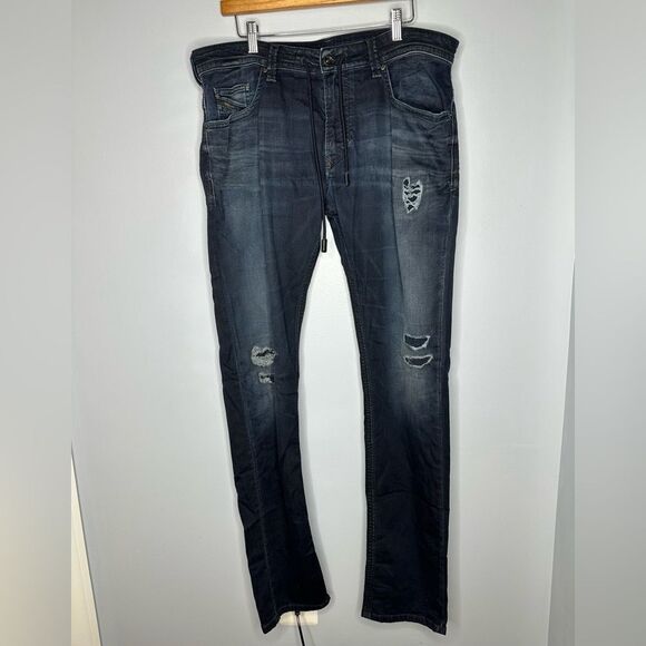 Diesel Denim Sweatpants Mens 36x34 Krooley Tapered JoggerJeans Navy Distressed - Picture 1 of 6